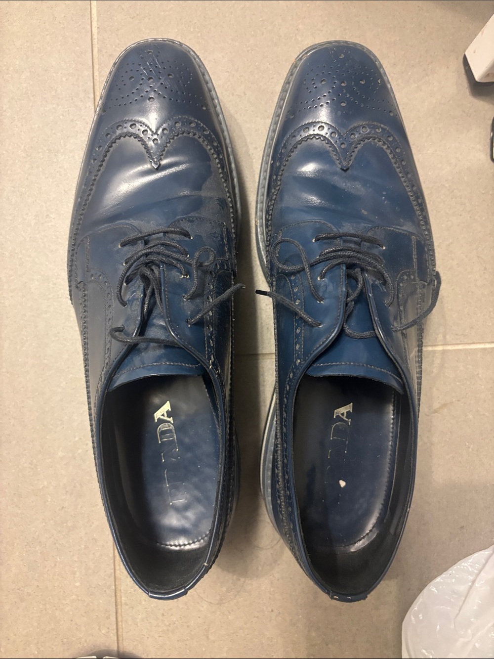 Prada Navy Leather Wingtip Derby Shoes